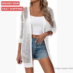 Lightweight Crochet Cardigan Short Sleeve Kimono Open Front Boho Sweater